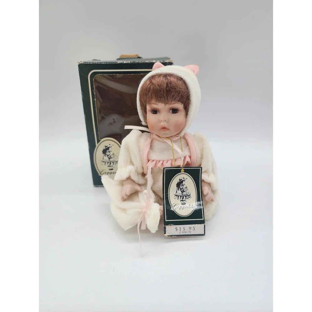 Geppeddo Porcelain Baby Doll Bunny Bonnet Cream Pink Vintage Collector Boxed 6.5